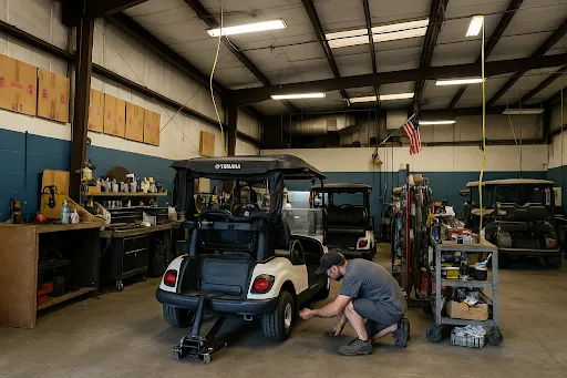 Technician performing golf cart repair service.
