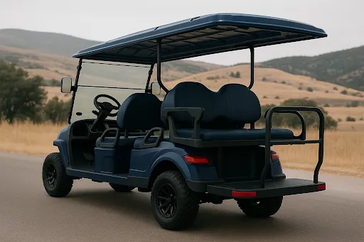 Upgraded golf cart with seat belts and turn signals parked.