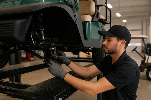 Golf cart technician adjusting suspension and steering components for smoother handling.