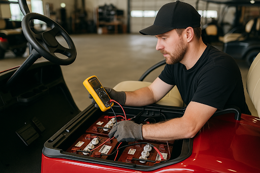 Technician testing golf cart batteries at Golf Carts Mafia in Shelbyville, IN.