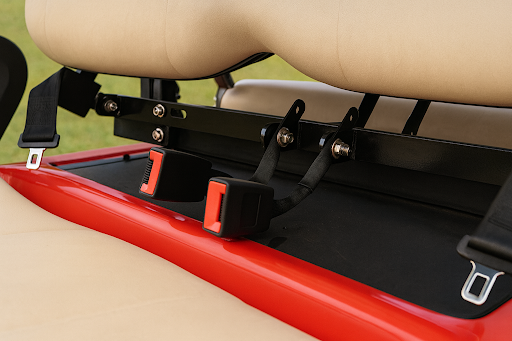 Completed golf cart seat belt installation with lap belts installed for Shelbyville, IN riders.
