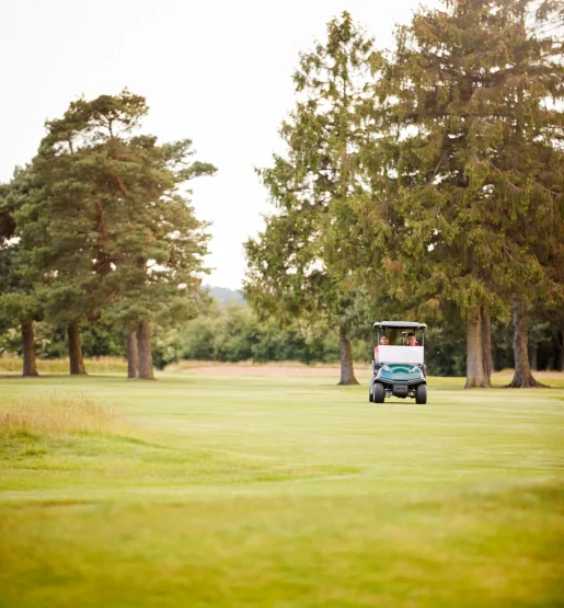 A couple playing golf driving a golf cart A couple playing golf driving a golf cart